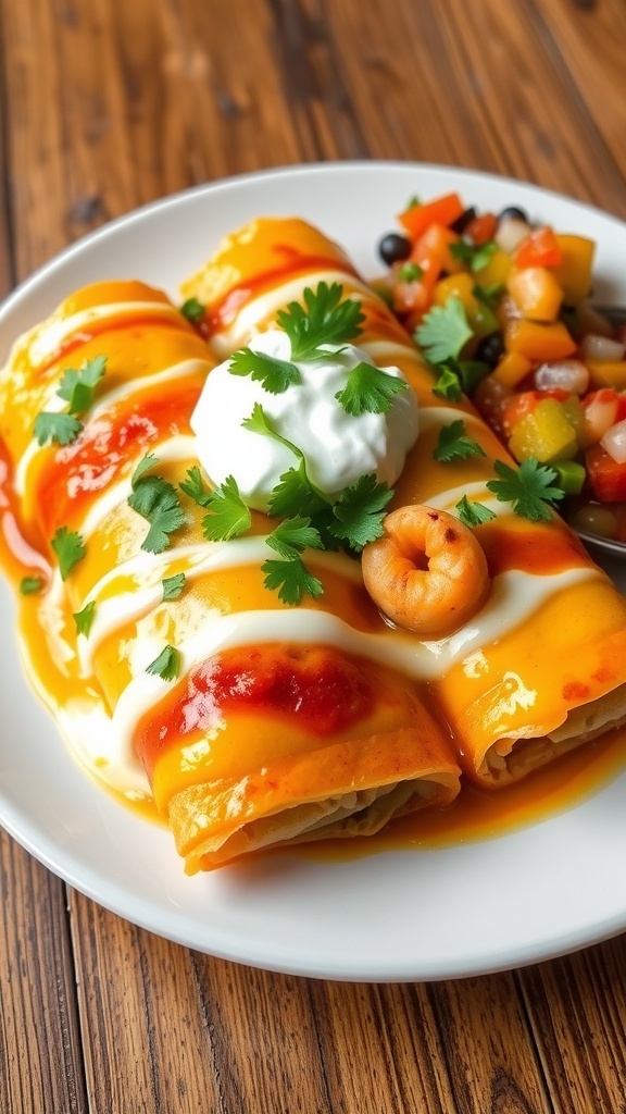 Seafood enchiladas with cheese and cilantro on a rustic table.